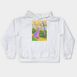 Autumn girl with doves among the birch trees Kids Hoodie